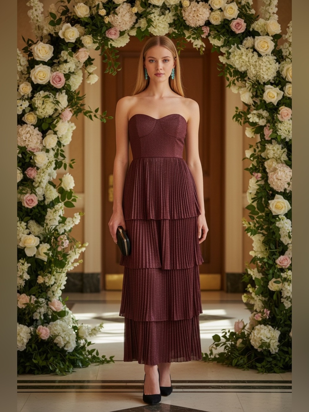 NWT BCBG Sz 4 Burgundy Strapless Tiered Pleated Maxi Dress Evening Formal $199